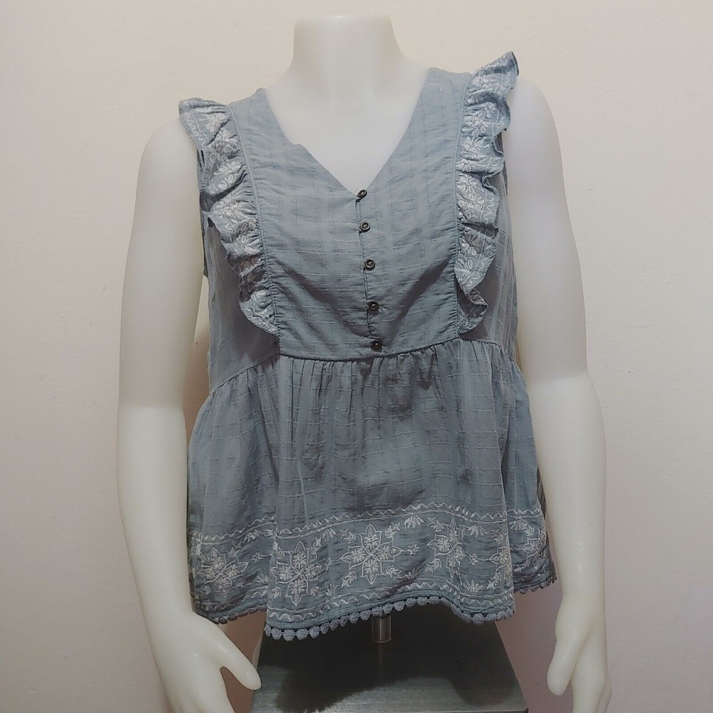 Knox Rose XXL Blouse Blue Cotton Embroidered Ruffle Peplum Boho Tank Top NWT 2XL